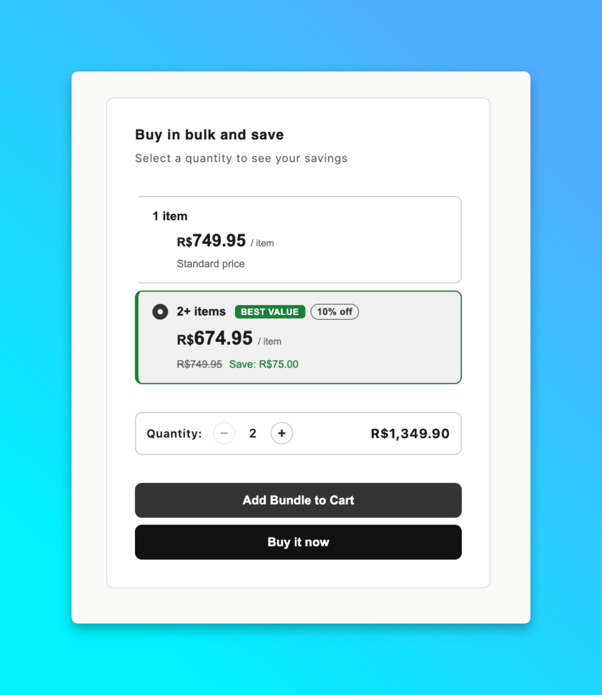 Storefront bundle widget with buy-more-save-more pricing